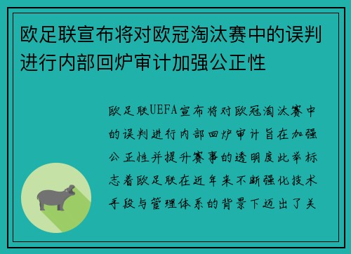 欧足联宣布将对欧冠淘汰赛中的误判进行内部回炉审计加强公正性